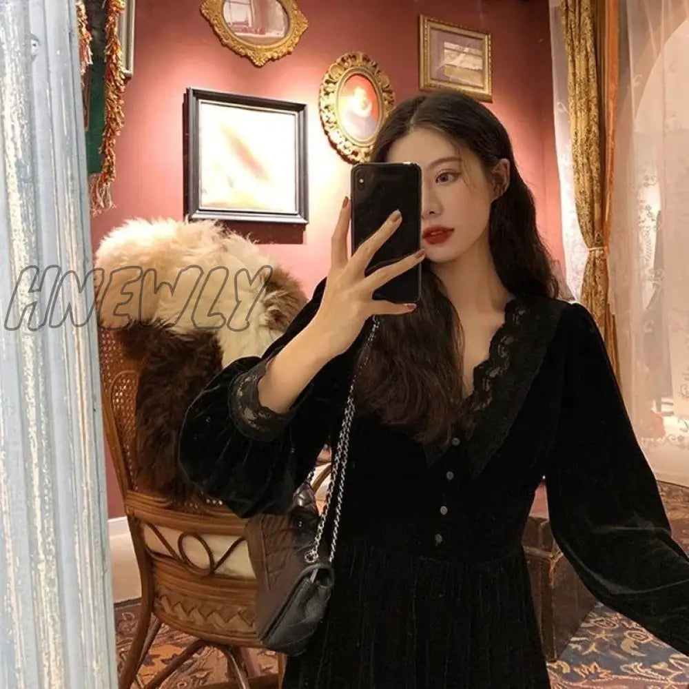 Hnewly French Vintage Dress Women Lace Velvet Black Elegant Party Female Autumn 2020 High Waist