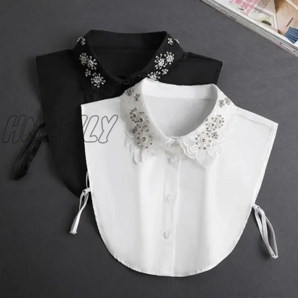 Hnewly Front Tie White Fake Collar Stand Beads Detachable Women Vintage Crystal Lace Ladies False