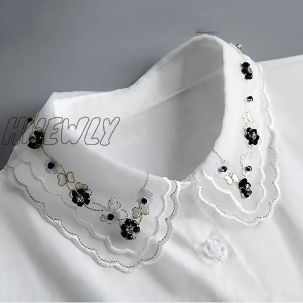 Hnewly Front Tie White Fake Collar Stand Beads Detachable Women Vintage Crystal Lace Ladies False