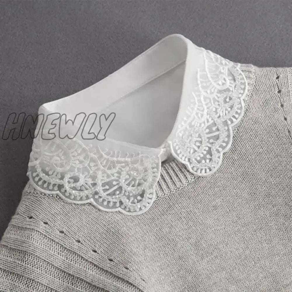 Hnewly Front Tie White Fake Collar Stand Beads Detachable Women Vintage Crystal Lace Ladies False