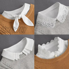 Hnewly Front Tie White Fake Collar Stand Beads Detachable Women Vintage Crystal Lace Ladies False