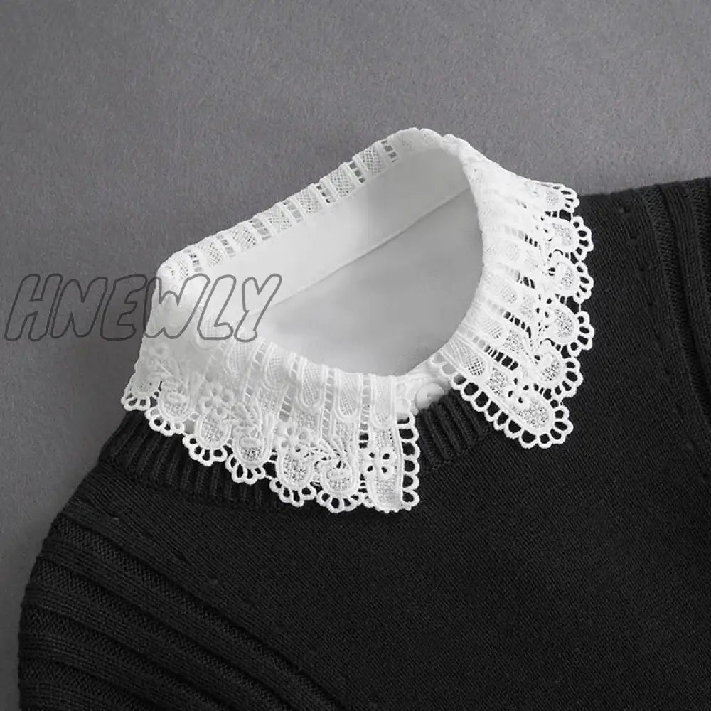 Hnewly Front Tie White Fake Collar Stand Beads Detachable Women Vintage Crystal Lace Ladies False