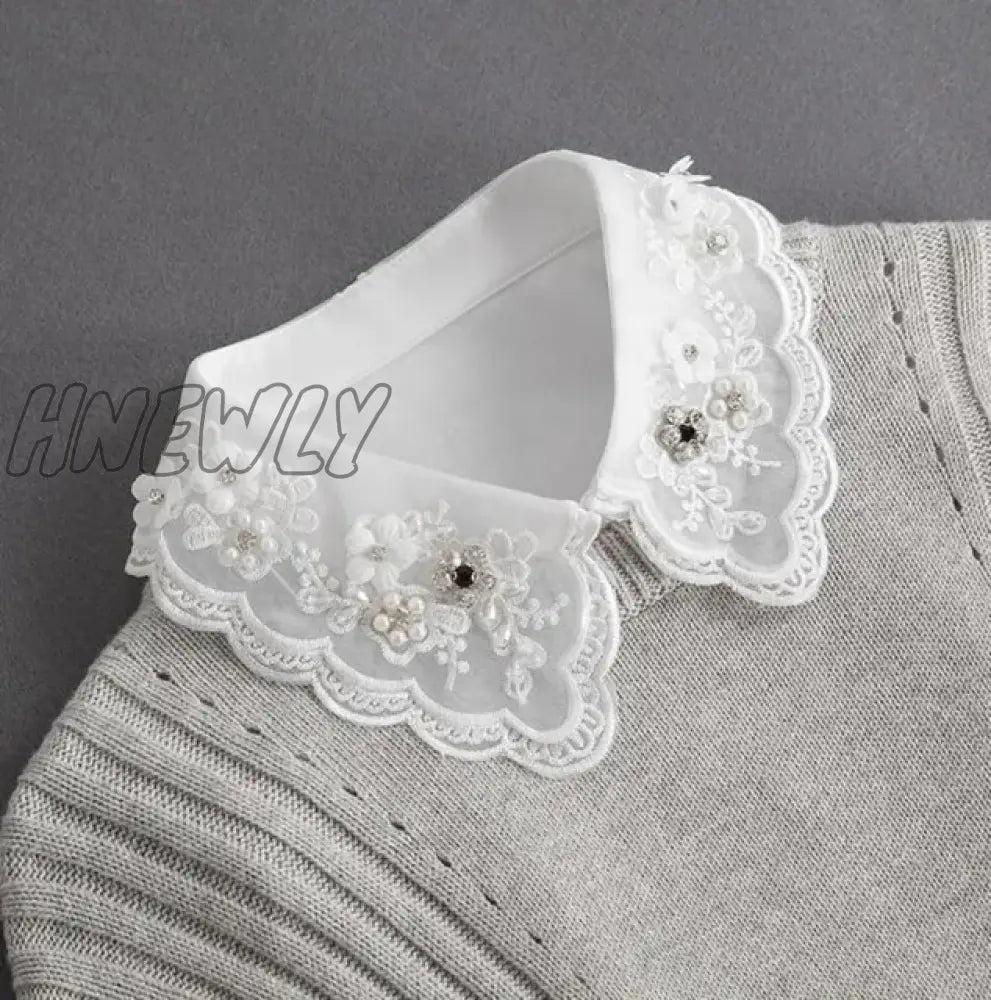 Hnewly Front Tie White Fake Collar Stand Beads Detachable Women Vintage Crystal Lace Ladies False