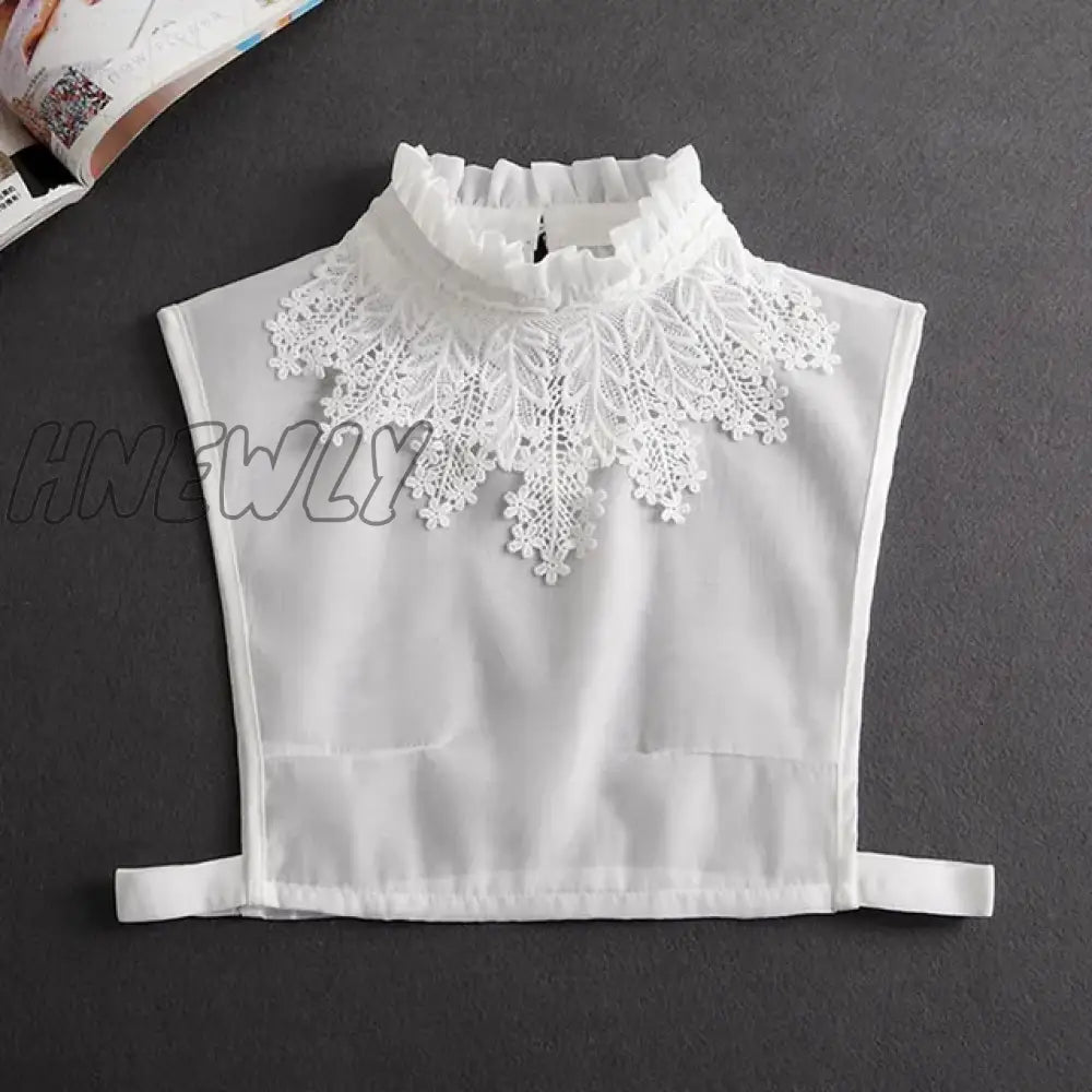 Hnewly Front Tie White Fake Collar Stand Beads Detachable Women Vintage Crystal Lace Ladies False