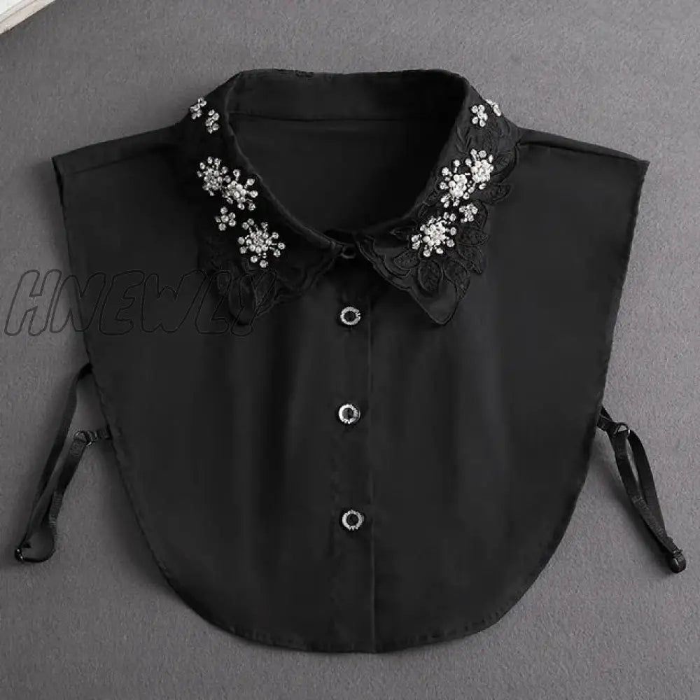 Hnewly Front Tie White Fake Collar Stand Beads Detachable Women Vintage Crystal Lace Ladies False