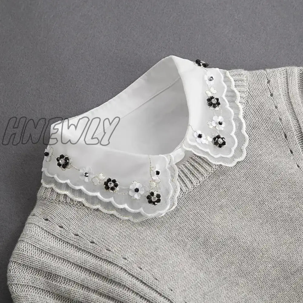 Hnewly Front Tie White Fake Collar Stand Beads Detachable Women Vintage Crystal Lace Ladies False