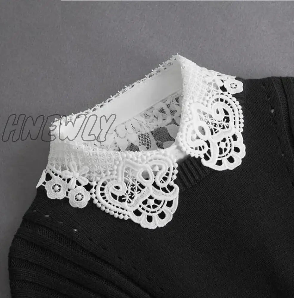 Hnewly Front Tie White Fake Collar Stand Beads Detachable Women Vintage Crystal Lace Ladies False