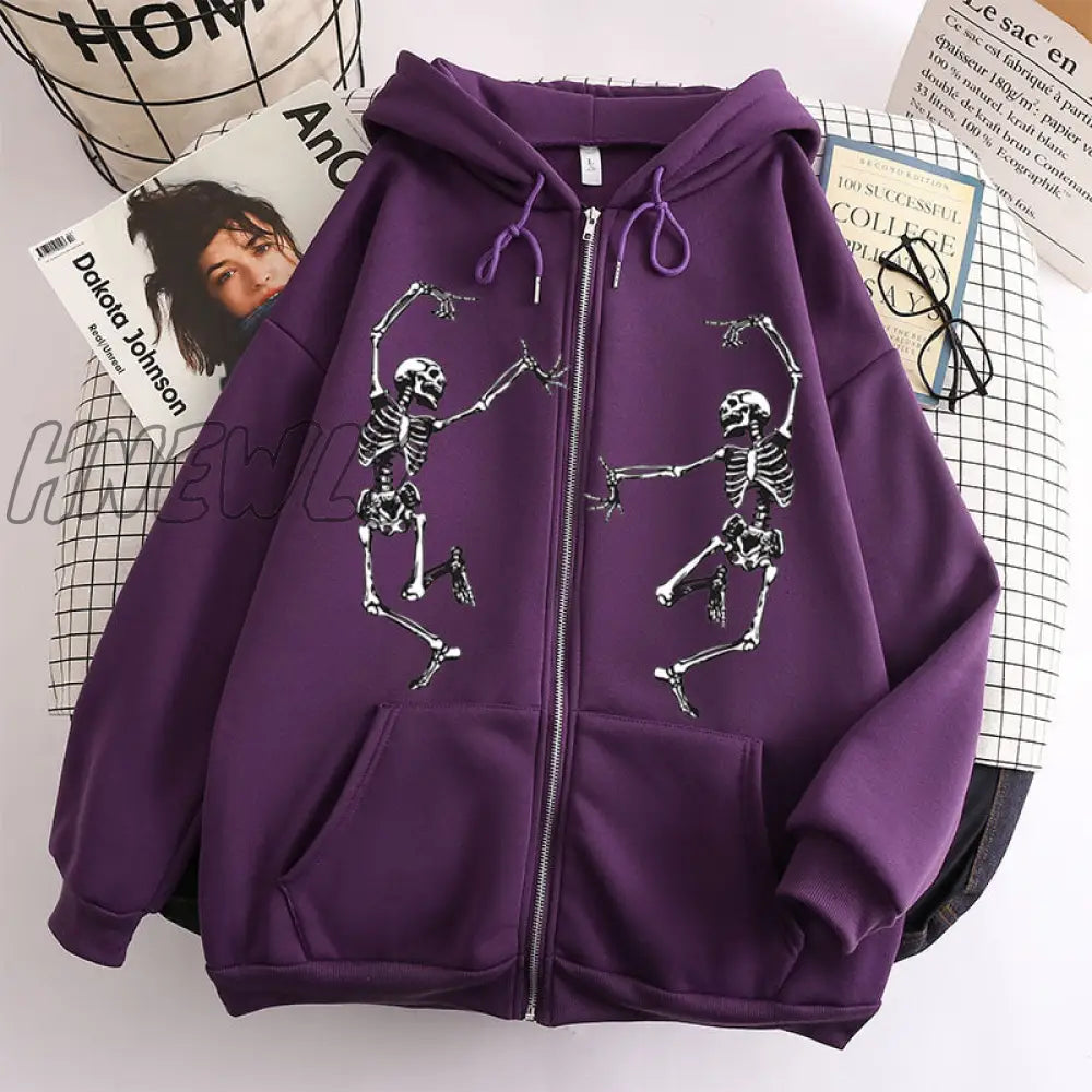 Hnewly Funny Dancing Skeleton Skull Print Women Hoodies Oversized Crewneck Hooded Sweatshirt