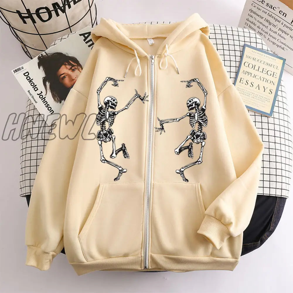 Hnewly Funny Dancing Skeleton Skull Print Women Hoodies Oversized Crewneck Hooded Sweatshirt