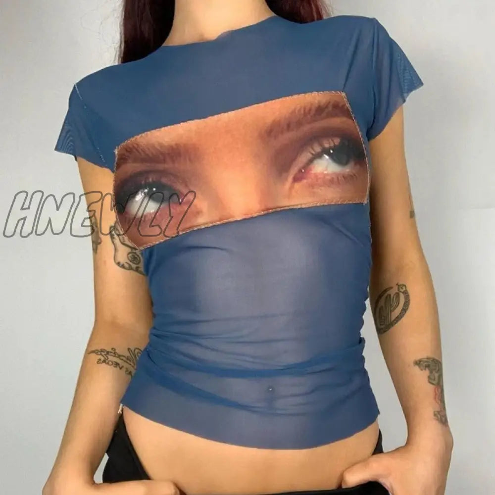 Hnewly Funny Eyes Printed T Shirts 2000S Aesthetic Mesh Crop Tops Grunge Clothes Vintage Harajuku