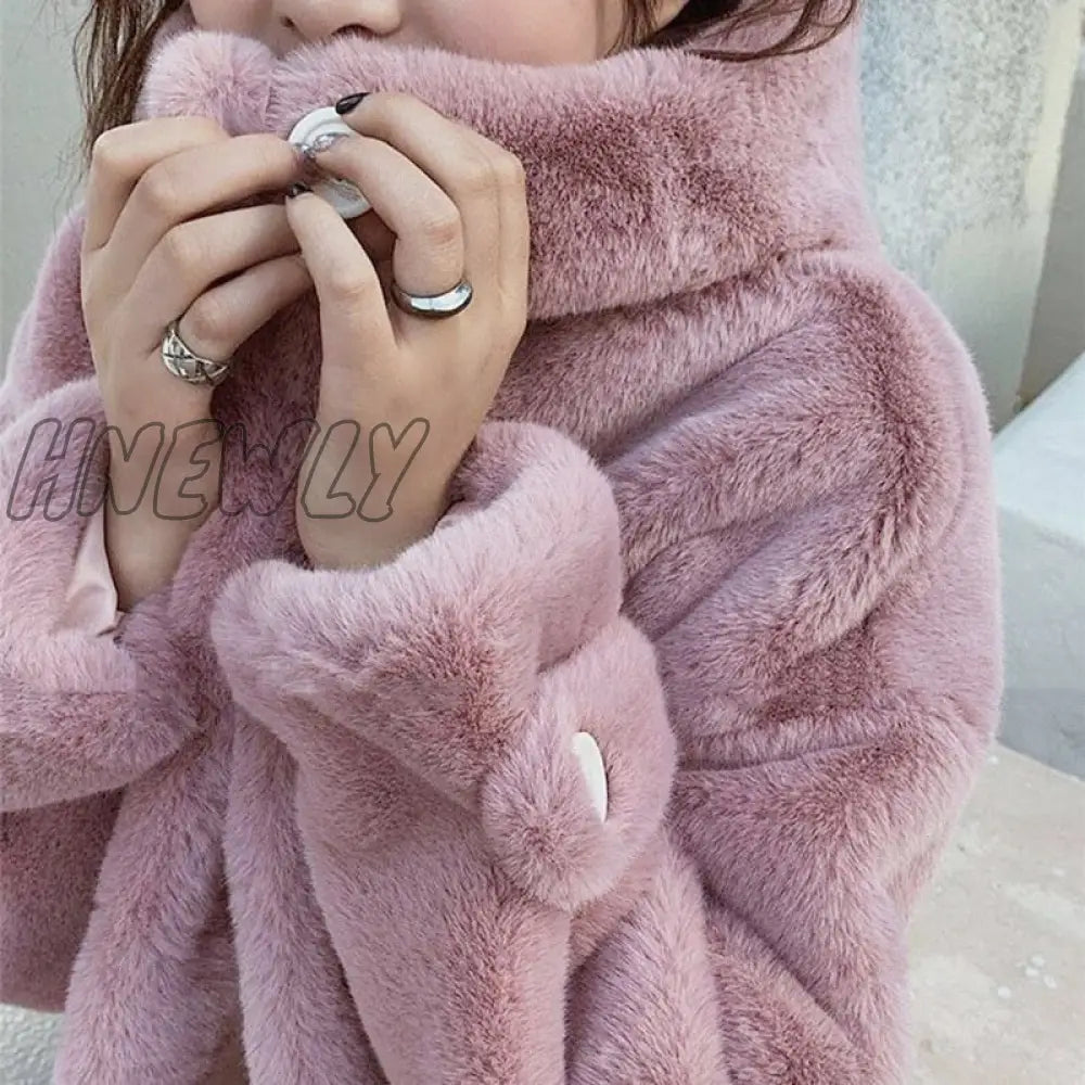 Hnewly Fur Coat Women Casual Korean Hoodies Furry Thick Bat Sleeved Warm Long Faux Rabbit Jacket