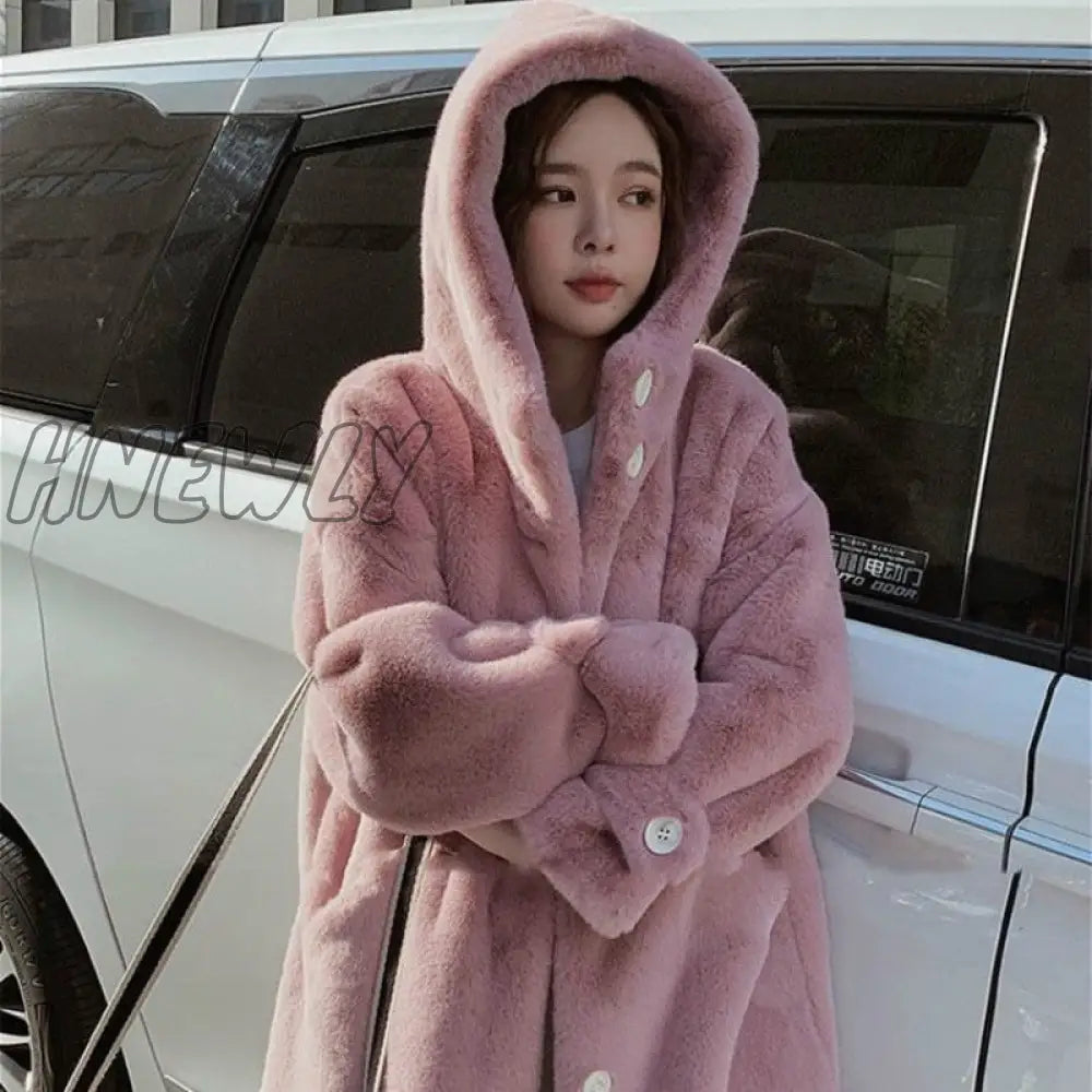 Hnewly Fur Coat Women Casual Korean Hoodies Furry Thick Bat Sleeved Warm Long Faux Rabbit Jacket