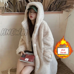 Hnewly Fur Coat Women Casual Korean Hoodies Furry Thick Bat Sleeved Warm Long Faux Rabbit Jacket