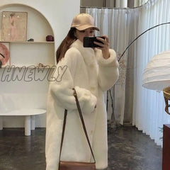 Hnewly Fur Coat Women Casual Korean Hoodies Furry Thick Bat Sleeved Warm Long Faux Rabbit Jacket