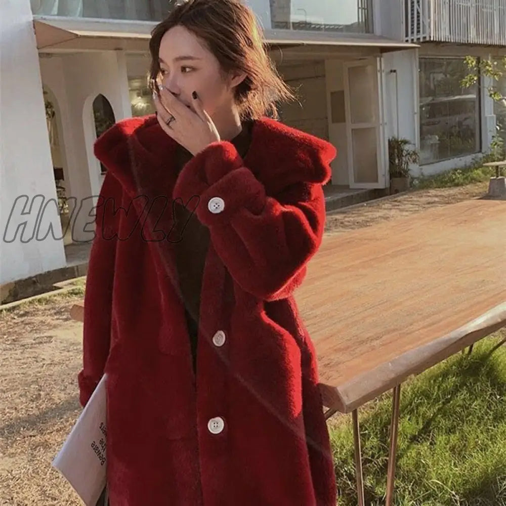 Hnewly Fur Coat Women Casual Korean Hoodies Furry Thick Bat Sleeved Warm Long Faux Rabbit Jacket