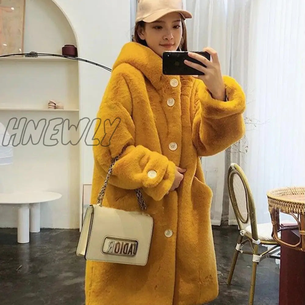 Hnewly Fur Coat Women Casual Korean Hoodies Furry Thick Bat Sleeved Warm Long Faux Rabbit Jacket