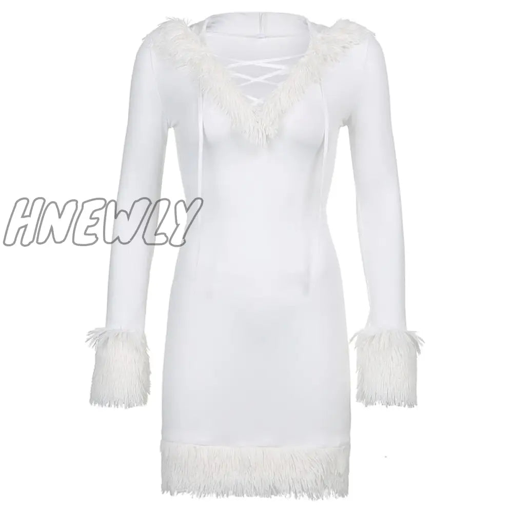 Hnewly Furry Long Sleeve Hooded Bodycon Mini Dresses Women White V Neck Fuzzy Dress Skinny