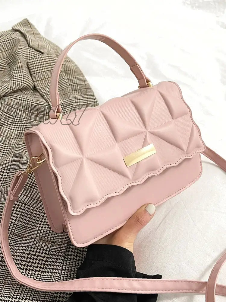 Hnewly - Geometric Embossed Flap Square Bag Women Satchels Pink Women-Satchels