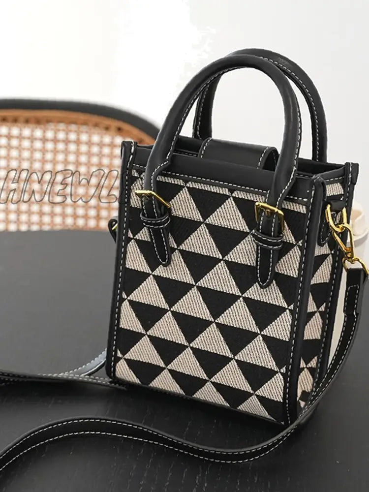 Hnewly - Geometric Pattern Stitch Detail Square Bag Women Satchels Black And White Women-Satchels