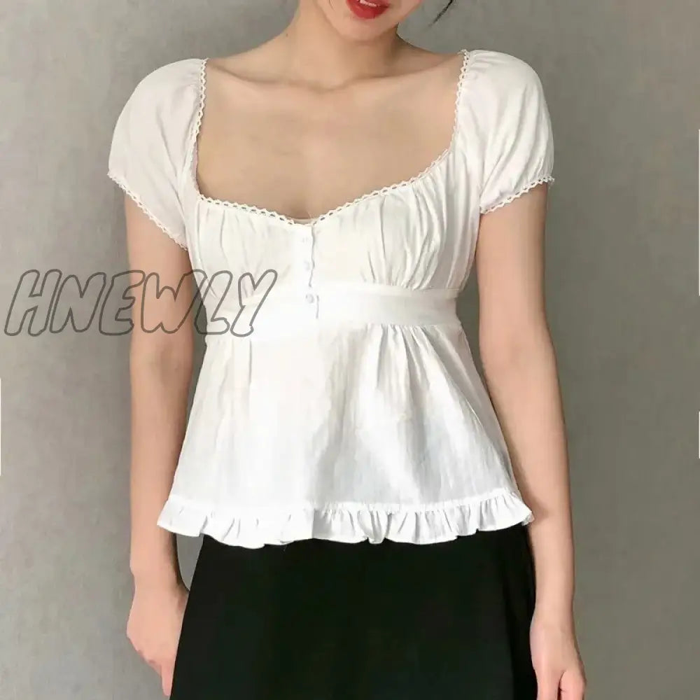 Hnewly Girls Soft Cotton Square Collar Blouse Summer Fashion Ladies Sweet Slim T-Shirt Female Solid