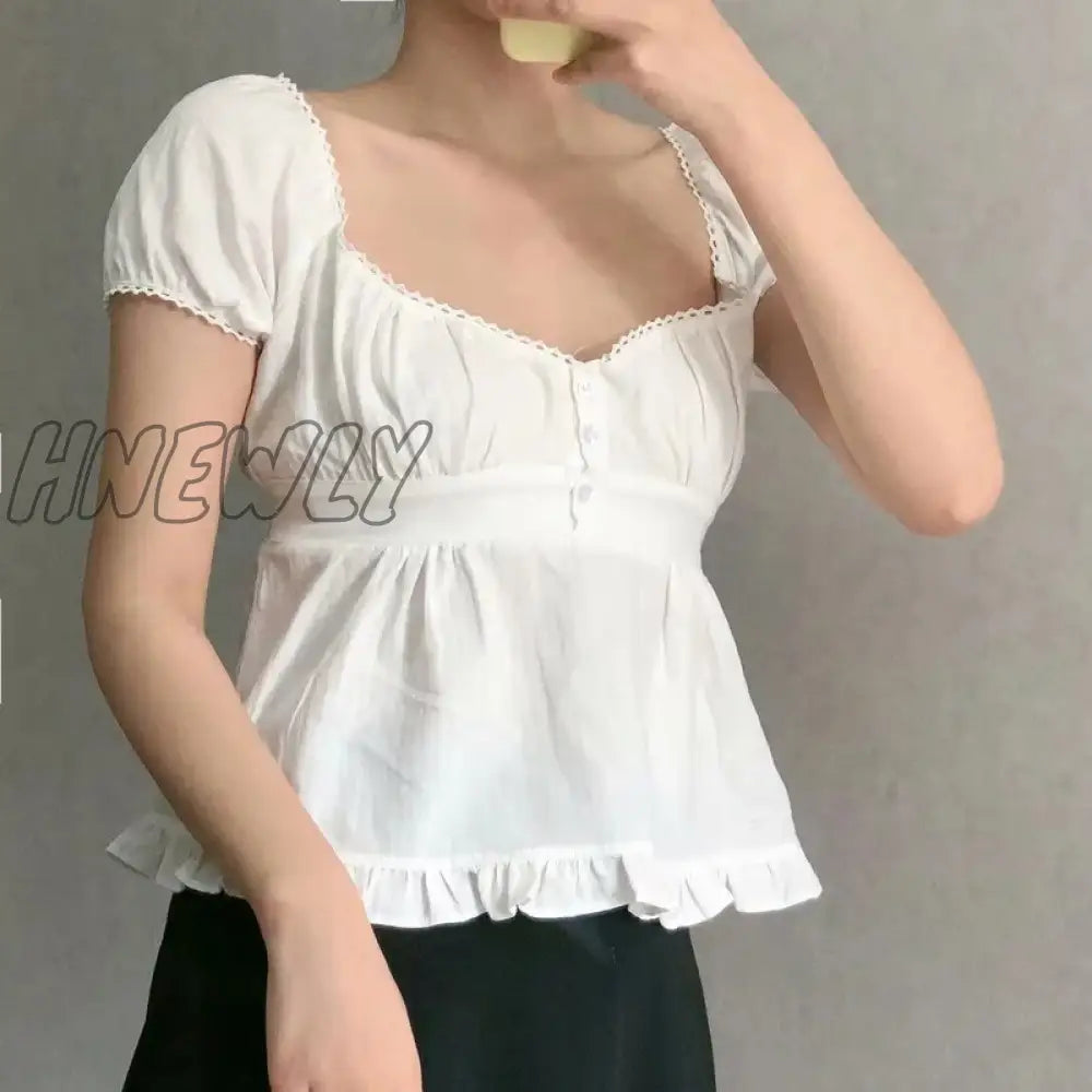 Hnewly Girls Soft Cotton Square Collar Blouse Summer Fashion Ladies Sweet Slim T-Shirt Female Solid