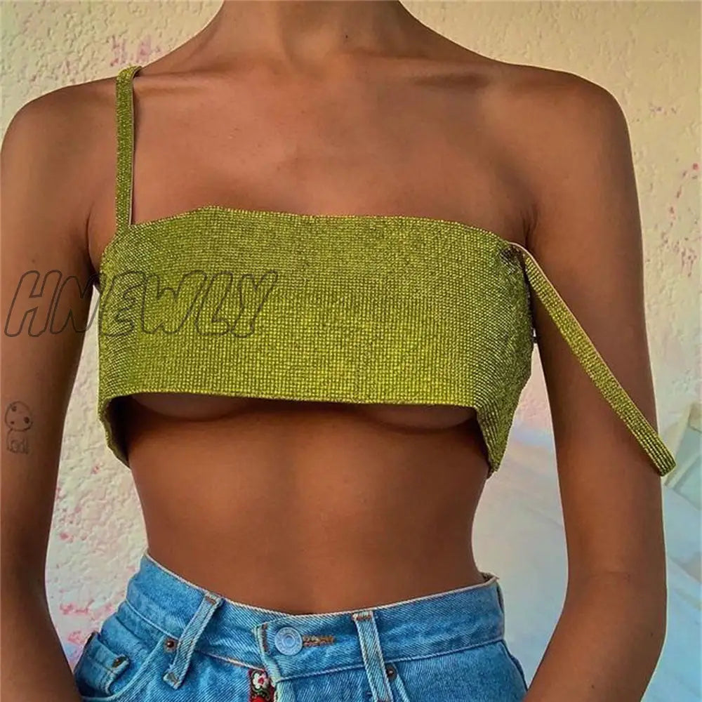 Hnewly Glitter Club Crop Top Off Shoulder Tank Cami Women Clothing Super Short Party Night Shiny