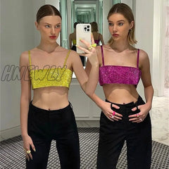 Hnewly Glitter Club Crop Top Off Shoulder Tank Cami Women Clothing Super Short Party Night Shiny