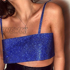 Hnewly Glitter Club Crop Top Off Shoulder Tank Cami Women Clothing Super Short Party Night Shiny