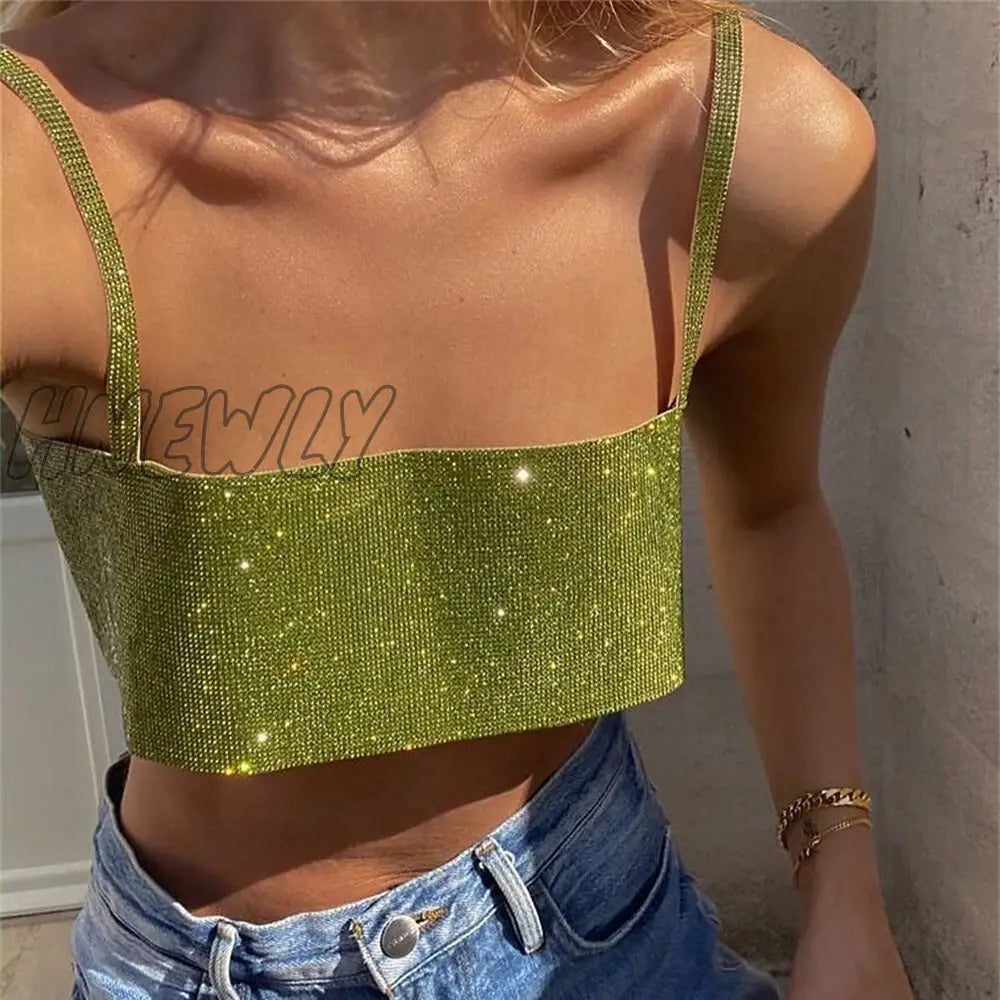 Hnewly Glitter Club Crop Top Off Shoulder Tank Cami Women Clothing Super Short Party Night Shiny