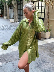 Hnewly Glitter Dress Long Sleeve Party Dresses Sequin Women Y2K Solid Shirt Green V Neck Mini Club