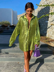 Hnewly Glitter Dress Long Sleeve Party Dresses Sequin Women Y2K Solid Shirt Green V Neck Mini Club