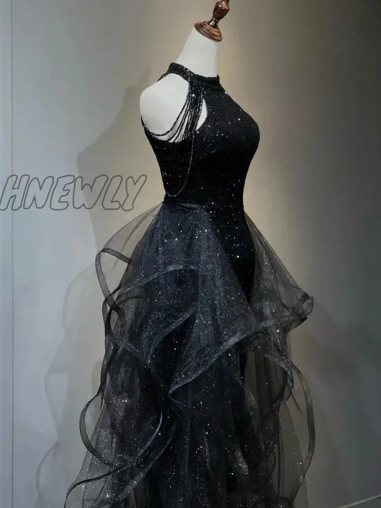 Hnewly Glitter Dress Luxury Black Evening Sleeveless Skirt Sequin Sparkly Tulle High Waist