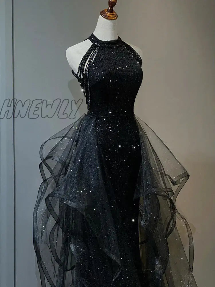 Hnewly Glitter Dress Luxury Black Evening Sleeveless Skirt Sequin Sparkly Tulle High Waist