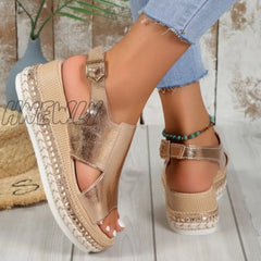 Hnewly - Gold Casual Hollowed Out Patchwork Fish Mouth Door Wedges Shoes (Heel Height 1.97In) Shoes