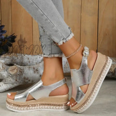 Hnewly - Gold Casual Hollowed Out Patchwork Fish Mouth Door Wedges Shoes (Heel Height 1.97In) Shoes