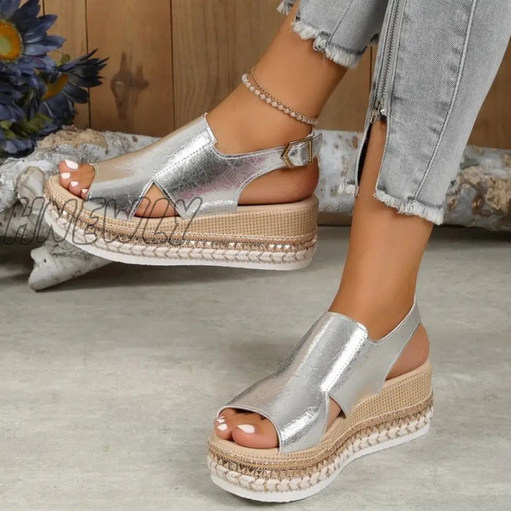 Hnewly - Gold Casual Hollowed Out Patchwork Fish Mouth Door Wedges Shoes (Heel Height 1.97In)