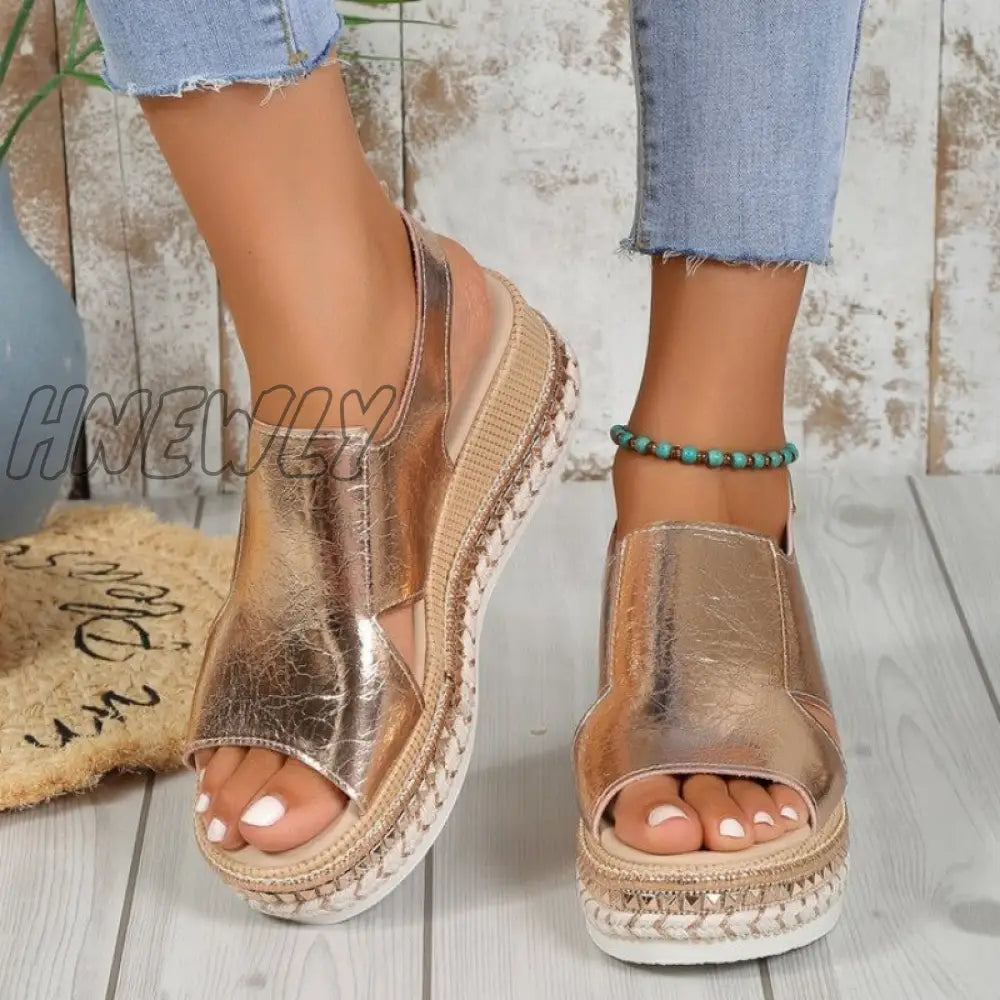 Hnewly - Gold Casual Hollowed Out Patchwork Fish Mouth Door Wedges Shoes (Heel Height 1.97In) /