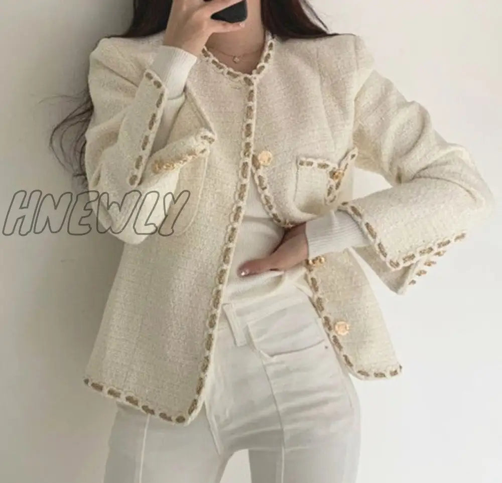 Hnewly Golden Button Woolen Jacket Woman Winter Single Breasted Pocket Elegant Tweed Cropped Coat