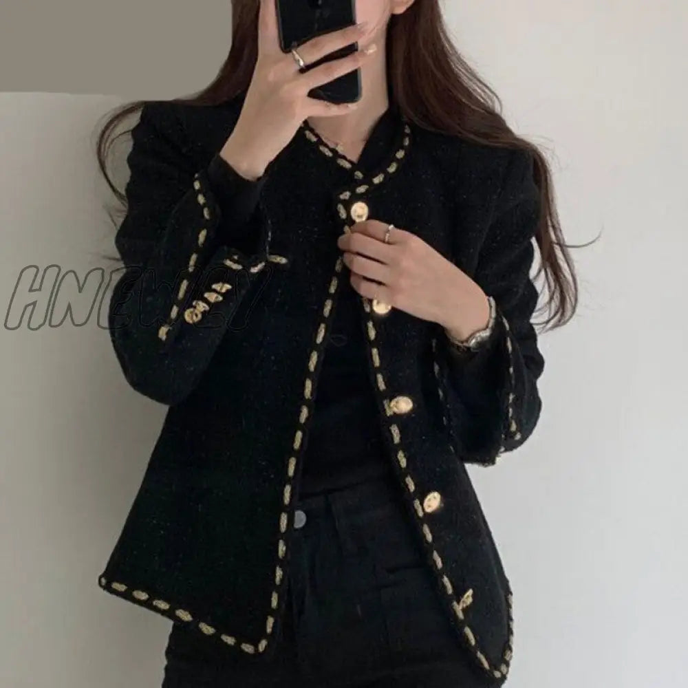 Hnewly Golden Button Woolen Jacket Woman Winter Single Breasted Pocket Elegant Tweed Cropped Coat