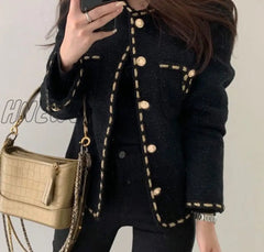 Hnewly Golden Button Woolen Jacket Woman Winter Single Breasted Pocket Elegant Tweed Cropped Coat