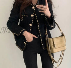 Hnewly Golden Button Woolen Jacket Woman Winter Single Breasted Pocket Elegant Tweed Cropped Coat