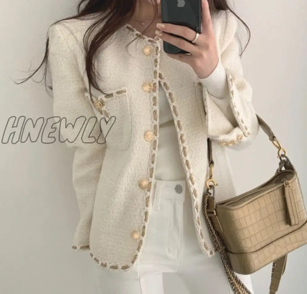 Hnewly Golden Button Woolen Jacket Woman Winter Single Breasted Pocket Elegant Tweed Cropped Coat