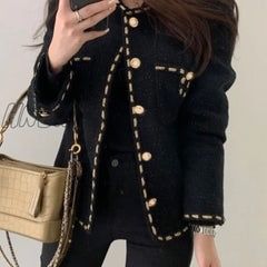 Hnewly Golden Button Woolen Jacket Woman Winter Single Breasted Pocket Elegant Tweed Cropped Coat