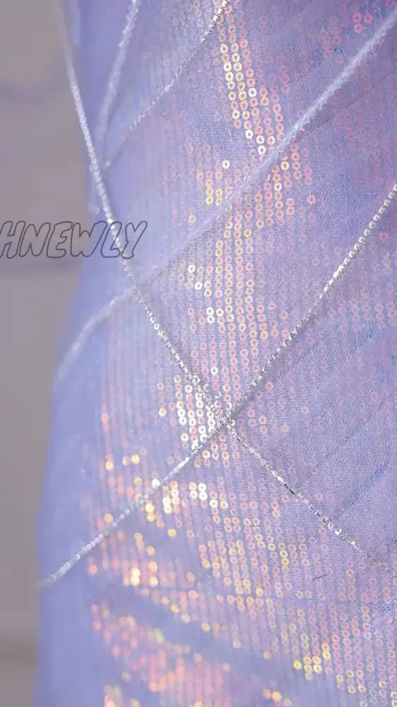 Hnewly Gorgeous Purple Blue Celebrity Dresses Pearl Beading Chain Off The Shoulder Mermaid Glitter