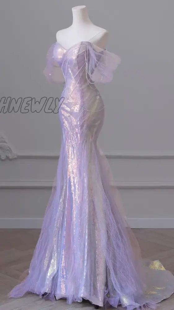 Hnewly Gorgeous Purple Blue Celebrity Dresses Pearl Beading Chain Off The Shoulder Mermaid Glitter