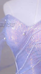 Hnewly Gorgeous Purple Blue Celebrity Dresses Pearl Beading Chain Off The Shoulder Mermaid Glitter