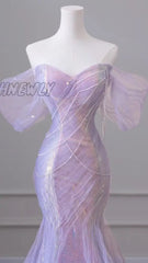 Hnewly Gorgeous Purple Blue Celebrity Dresses Pearl Beading Chain Off The Shoulder Mermaid Glitter