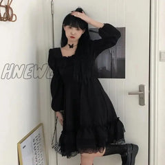 Hnewly Gothic Black Lace Ruffle Dress For Girls Princess Party Ruched Fairy Grunge Long Sleeve