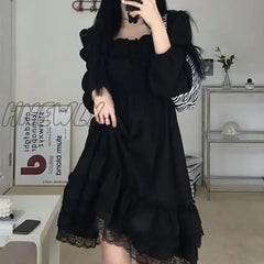 Hnewly Gothic Black Lace Ruffle Dress For Girls Princess Party Ruched Fairy Grunge Long Sleeve