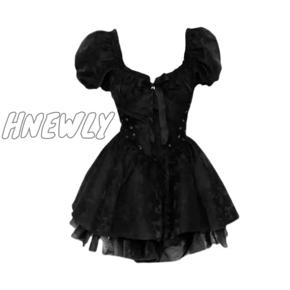 Hnewly Gothic Black Mini Dress Women Vintage Sexy Spaghetti Strap High Waist Dresses 90S Egirl Punk